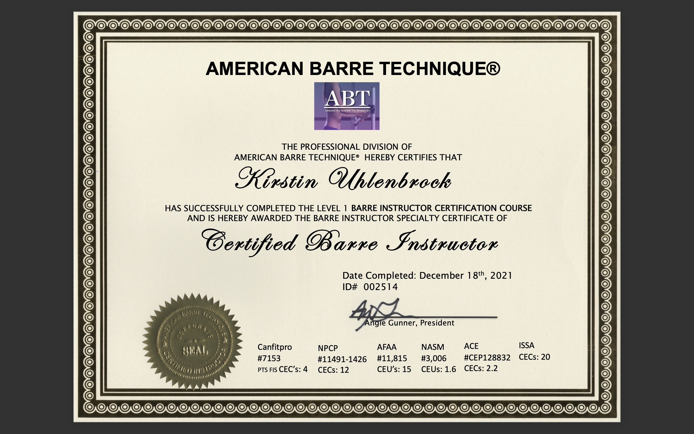 American Barre Certificate