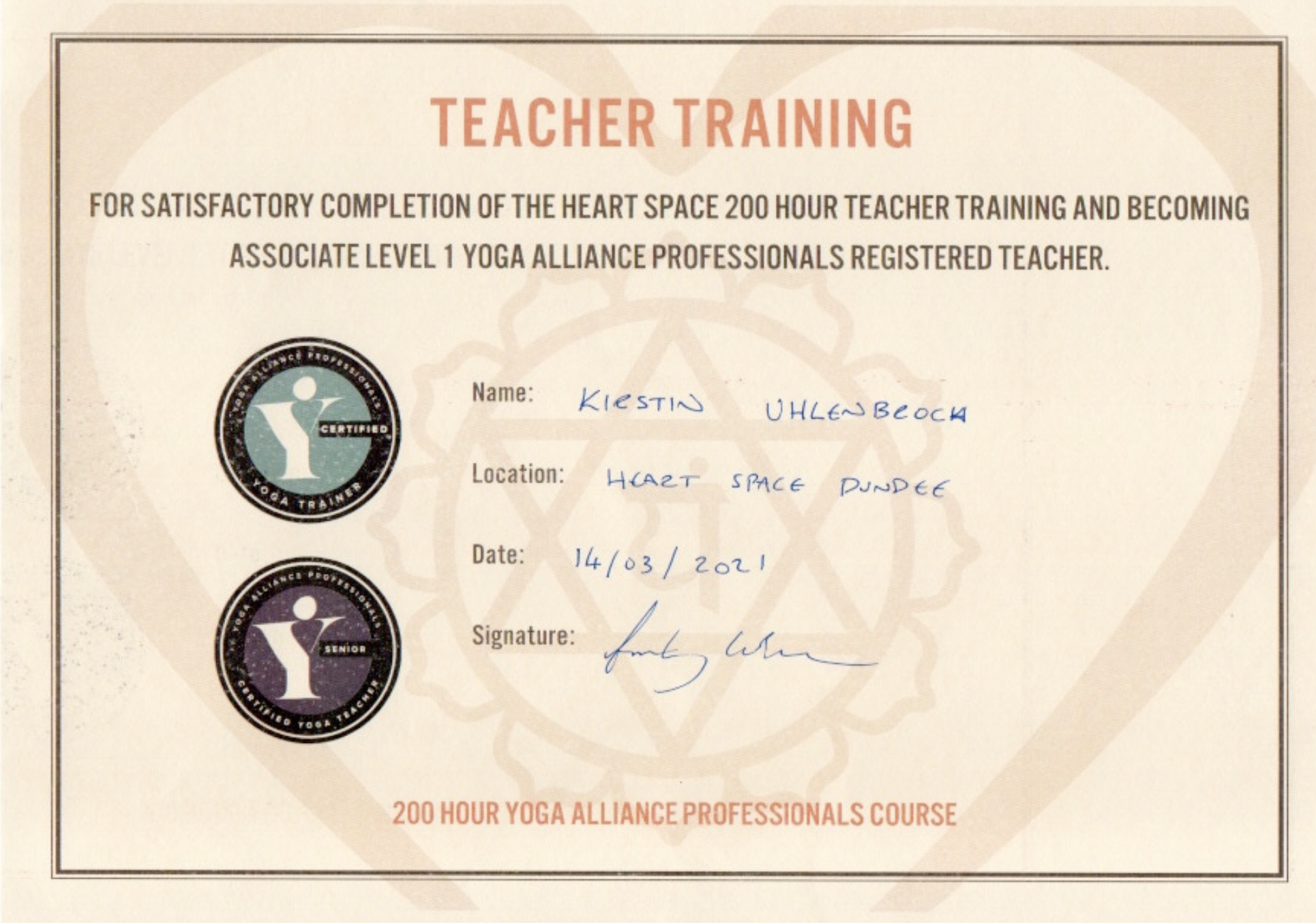 200 hr Yoga Teacher Training certificate
